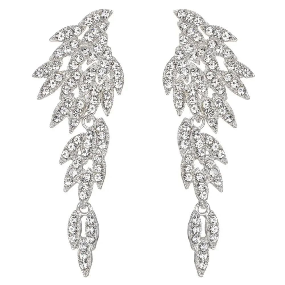 Silver with White Diamond Crystal Angel Wing Statement Chandelier Post Earrings
